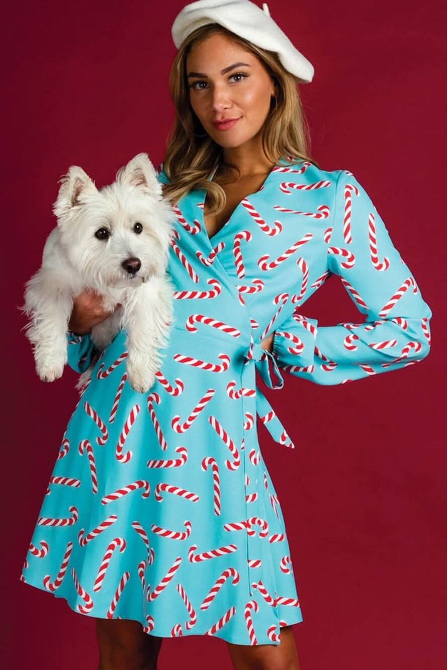 Shinesty Small The Peppermint Pimp Canes Candy Cane Print Christmas Wrap Dress